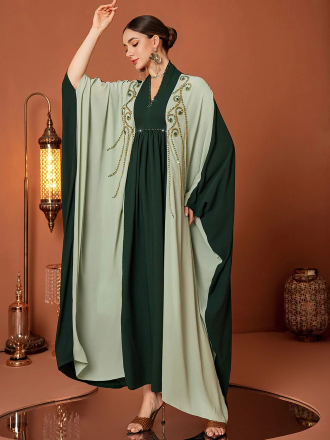 ستايلي Styli Women Color Blocked Rhinestone Kimono Sleeve Jalabiya
